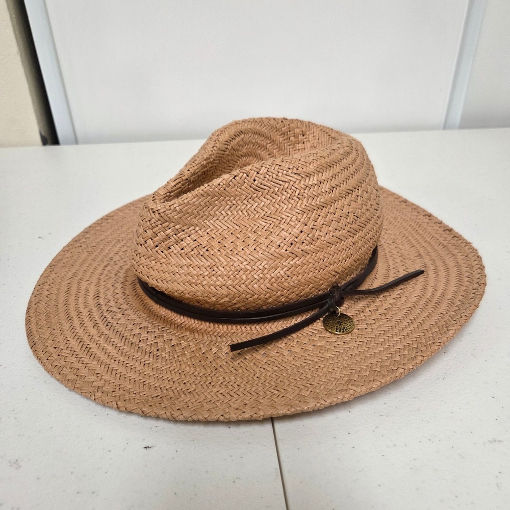 Frye Tan Woven Paper Straw Fedora Sun Hat Wide Brim Brown Band M/L